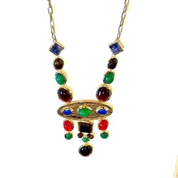NATASHA Super Shiny Colorful Polished Gold & Gemstone Statement Necklace NWT - Picture 7 of 9